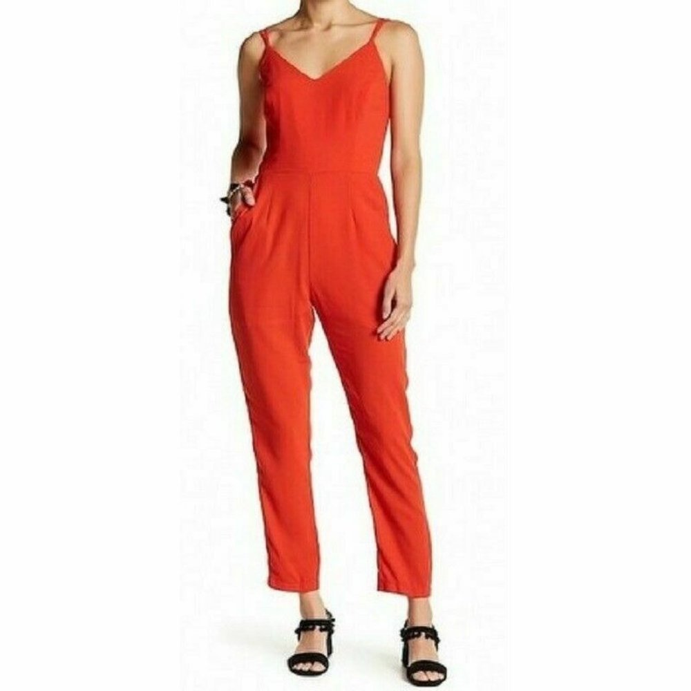 ADELYN RAE Jumpsuit Red Crepe V Neck Spaghetti Straps Jumpsuit Women's Small S